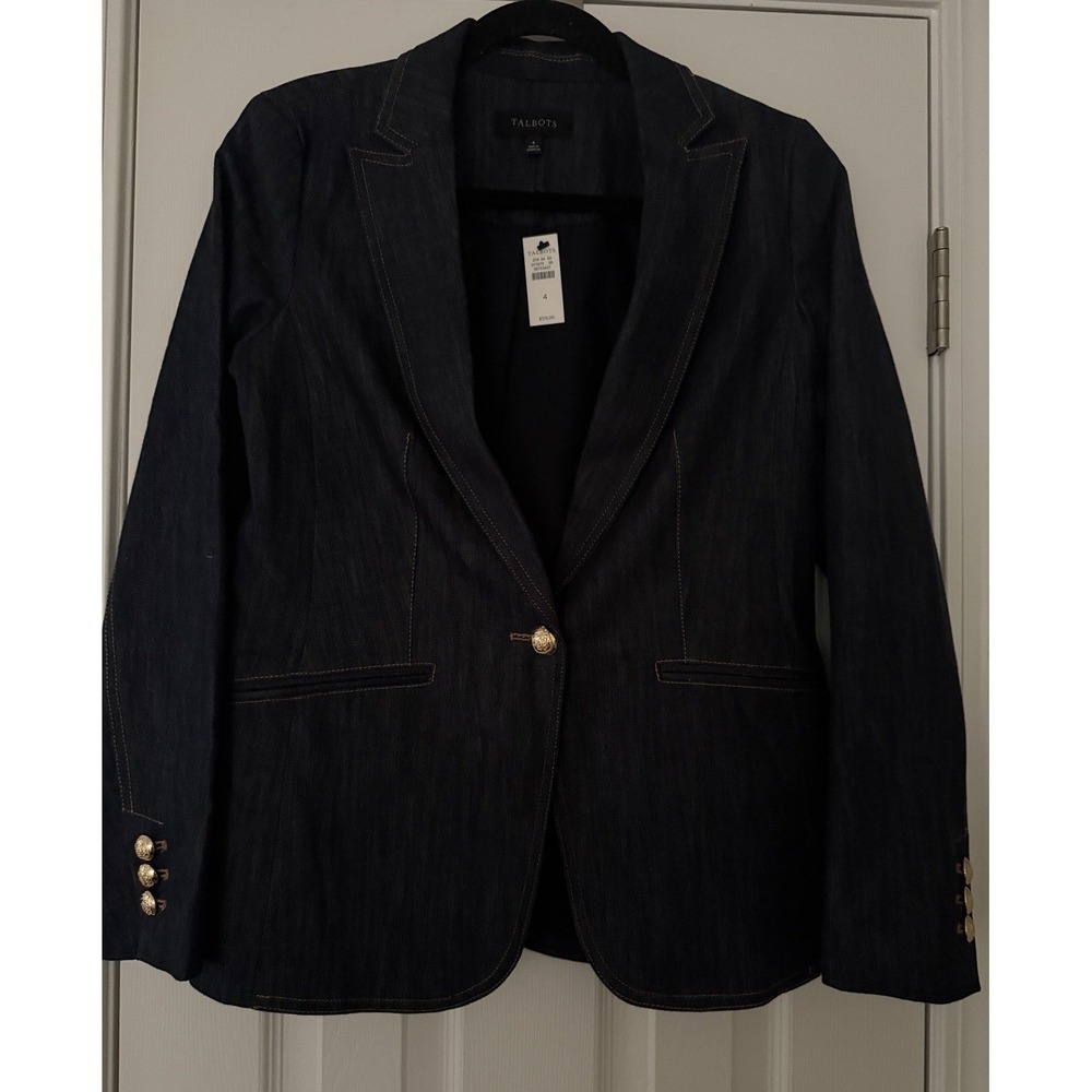 NWT Talbots Denim Blazer Womens Size 4 Jacket Gold Button Blue Career Office